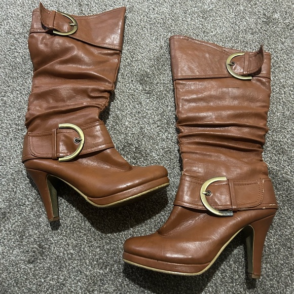 Shoes - Women’s high heel boots with buckle. Caramel/tan color. Pretty comfortable.
